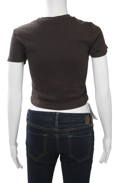 Cherry Women Cropped Graphic Brown Cotton Crew Neck Short Sleeve T-Shirt Size S