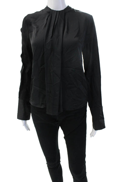 J Crew Women Black High Neck Long Sleeve Viscose Blouse Petite Size 00