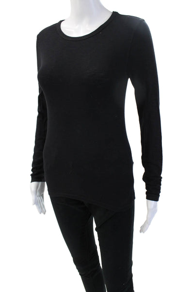 Splendid Women Basic Black Cotton Crew Neck Long Sleeve T-Shirt Size XS