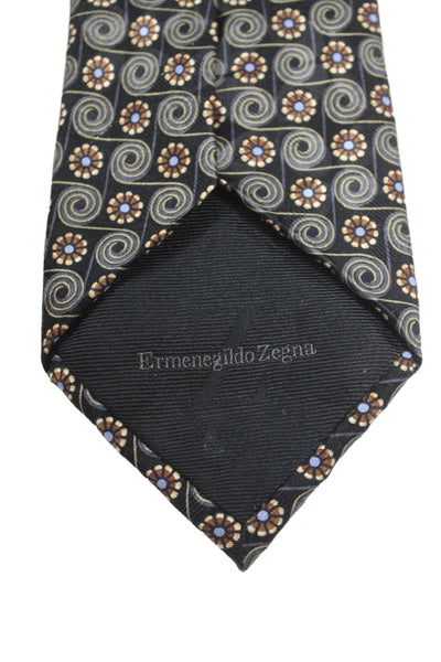Ermenegildo Zegna Mens Silk Floral Print Wide Necktie Black Brown