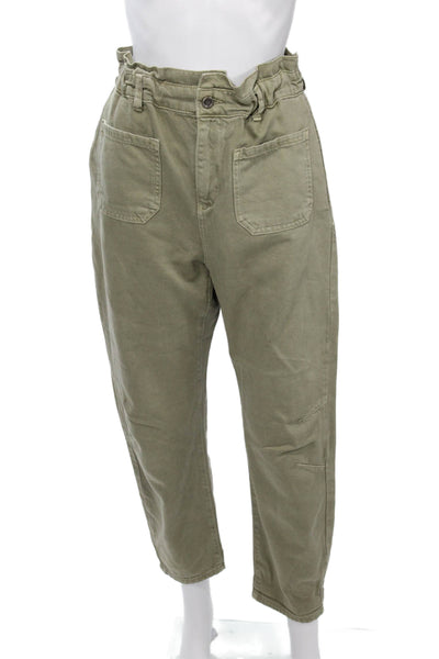 Zara Women Paperbag Ankle Pants Green High Rise 25 Inseam 100% Cotton Size 4