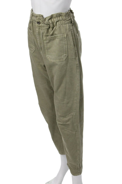 Zara Women Paperbag Ankle Pants Green High Rise 25 Inseam 100% Cotton Size 4