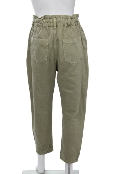 Zara Women Paperbag Ankle Pants Green High Rise 25 Inseam 100% Cotton Size 4