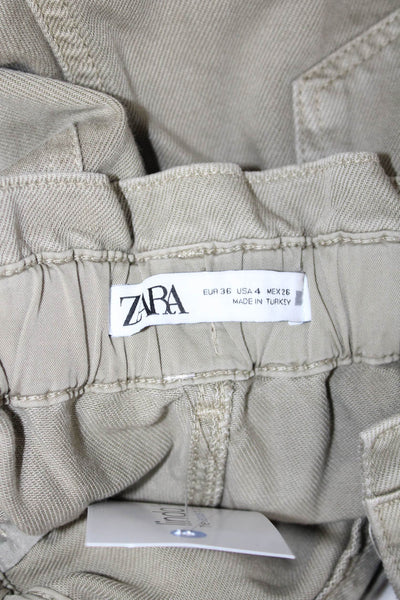 Zara Women Paperbag Ankle Pants Green High Rise 25 Inseam 100% Cotton Size 4
