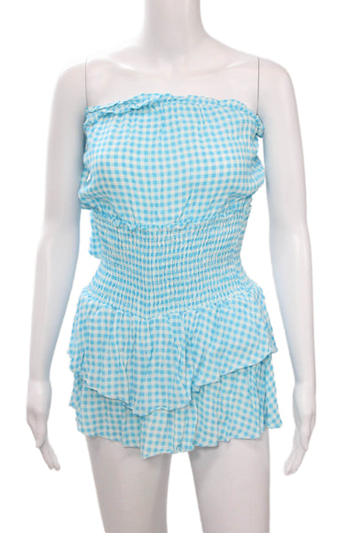 Blue Life Womens Strapless Gingham Romper Light Blue Size XS