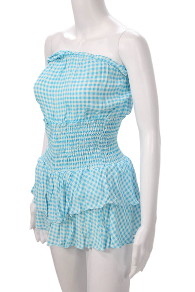 Blue Life Womens Strapless Gingham Romper Light Blue Size XS