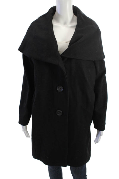 DKNY Womens Overcoat Black Button Solid Wool Blend Size PL