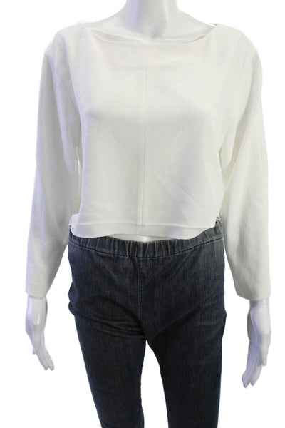 Club Monaco Womens White Cropped Blouse Long Sleeve Round Neck Size M