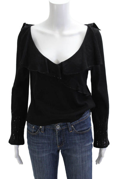 St. John Evening By Marie Gray Women Black V-Neck Blouse Long Sleeve Size 6