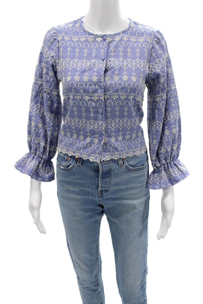 Zara Womens Bohemian Floral Cotton Button Up Blouse Long Sleeve Blue Size XS