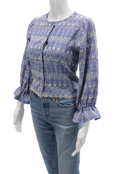 Zara Womens Bohemian Floral Cotton Button Up Blouse Long Sleeve Blue Size XS