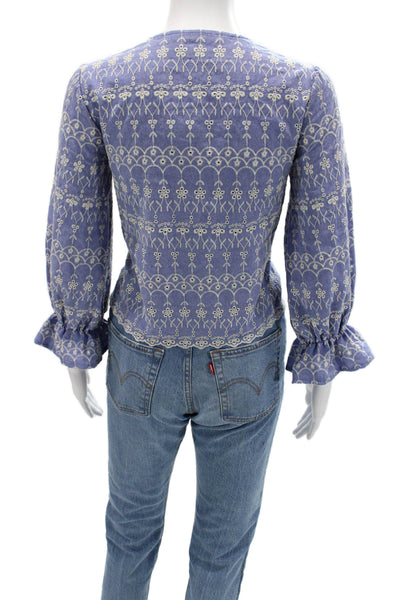 Zara Womens Bohemian Floral Cotton Button Up Blouse Long Sleeve Blue Size XS