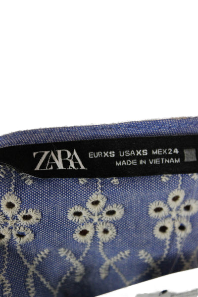 Zara Womens Bohemian Floral Cotton Button Up Blouse Long Sleeve Blue Size XS