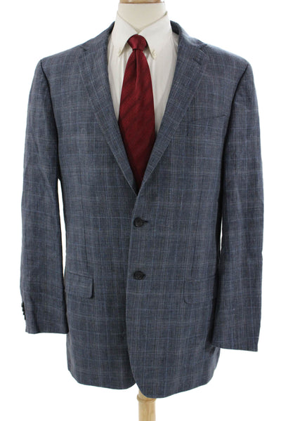 Joseph Abboud Mens Big & Tall Blue Plaid Wool Blend Blazer Collared Size 44