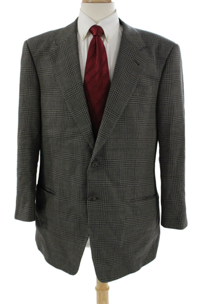 Armani Collezioni Mens Gray Check Suit Jacket Wool Silk Button Collared Size 44
