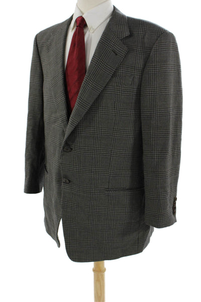 Armani Collezioni Mens Gray Check Suit Jacket Wool Silk Button Collared Size 44