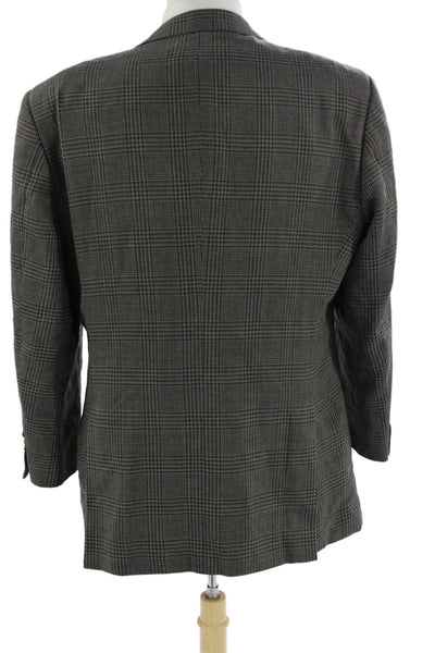 Armani Collezioni Mens Gray Check Suit Jacket Wool Silk Button Collared Size 44