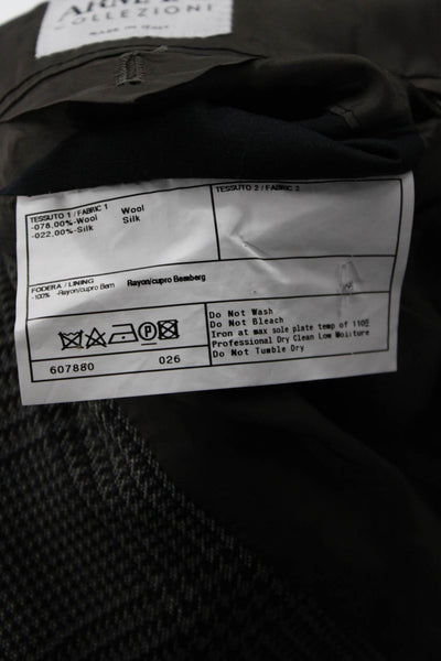 Armani Collezioni Mens Gray Check Suit Jacket Wool Silk Button Collared Size 44