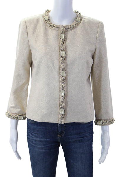 Magaschoni Womens Beige Hook & Eye Metallic Cotton Blend Jacket Size 6