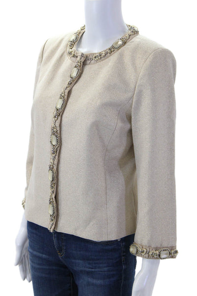 Magaschoni Womens Beige Hook & Eye Metallic Cotton Blend Jacket Size 6