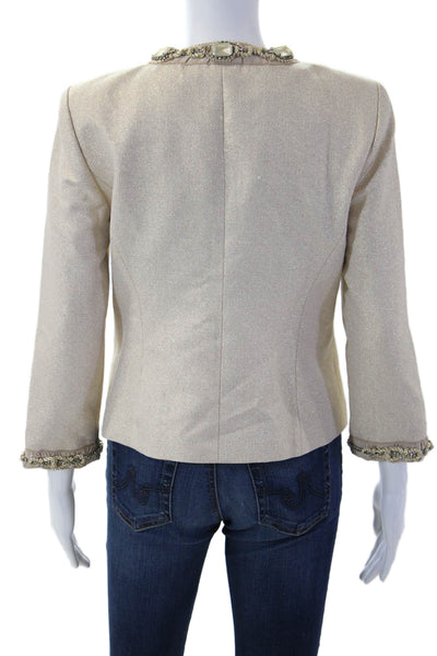 Magaschoni Womens Beige Hook & Eye Metallic Cotton Blend Jacket Size 6