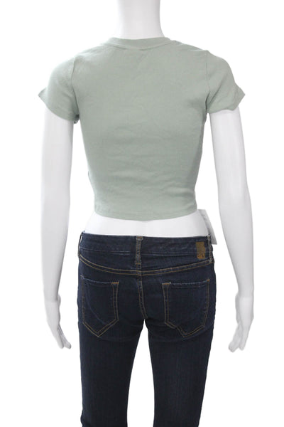 TNA Women Cropped Basic Green Cotton Crew Neck Short Sleeve T-Shirt Size S