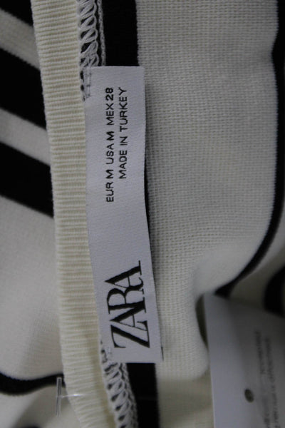 Zara Womens Black Striped Long Sleeve Crew Neck Basic T-Shirt Size M