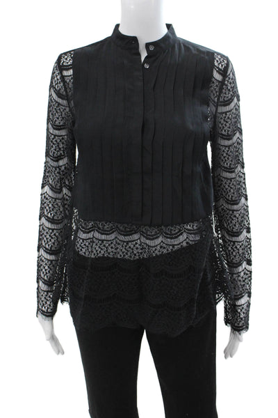 Marissa Webb Women Black High Neck Button-Up Blouse Long Sleeve Size XS
