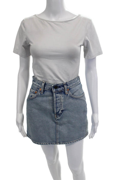Designer Womens A-Line Mini Skirt Light Blue Cotton Short Size 26