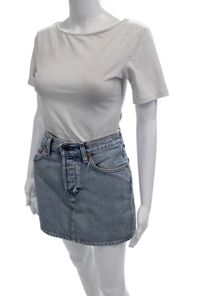 Designer Womens A-Line Mini Skirt Light Blue Cotton Short Size 26