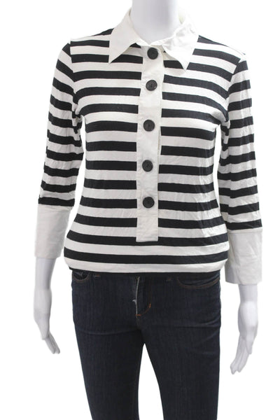 Yansi Fugel Women Collared Striped Black Button-Up 3/4 Sleeve Blouse Size S