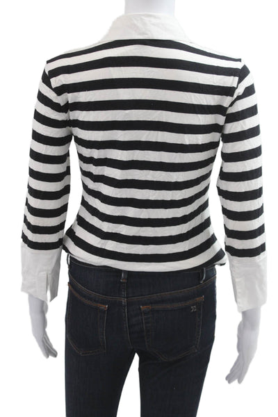 Yansi Fugel Women Collared Striped Black Button-Up 3/4 Sleeve Blouse Size S
