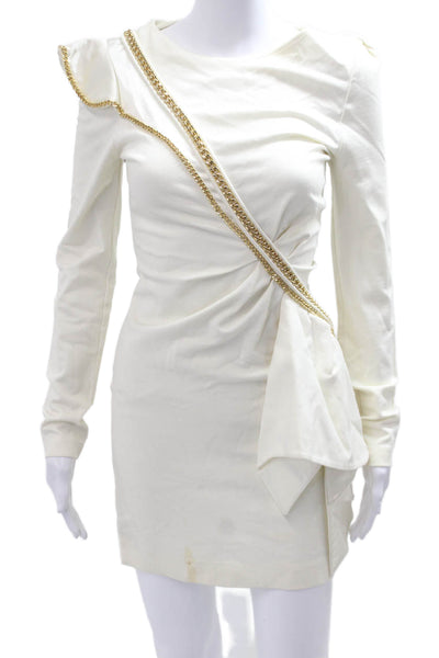 Gizia Women Bodycon Mini Dress White Long Sleeve Crew Neck Cotton Zip Size S