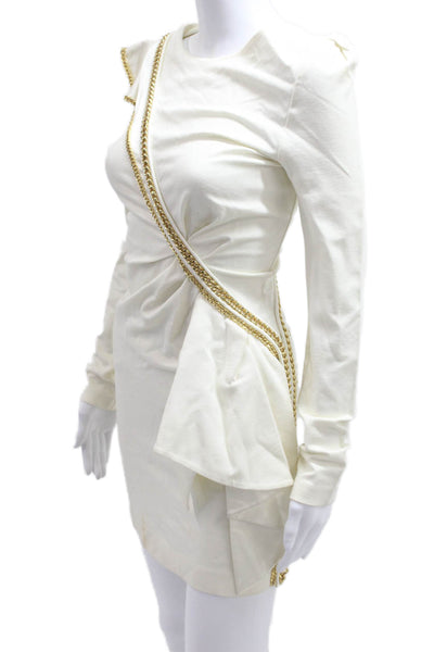 Gizia Women Bodycon Mini Dress White Long Sleeve Crew Neck Cotton Zip Size S