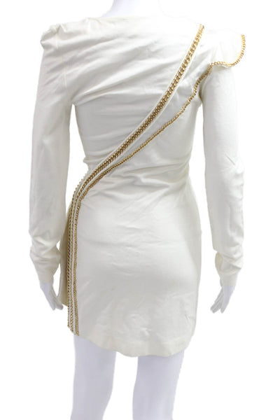 Gizia Women Bodycon Mini Dress White Long Sleeve Crew Neck Cotton Zip Size S