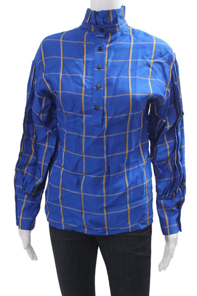 Tela Womens Blue Viscose High Neck Check Long Sleeve Button-Up Blouse Size 2XS