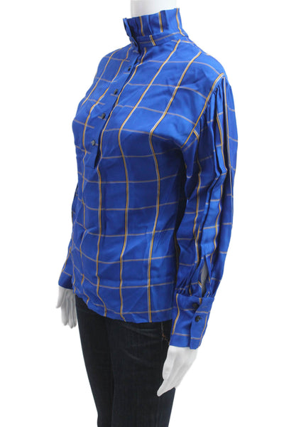 Tela Womens Blue Viscose High Neck Check Long Sleeve Button-Up Blouse Size 2XS