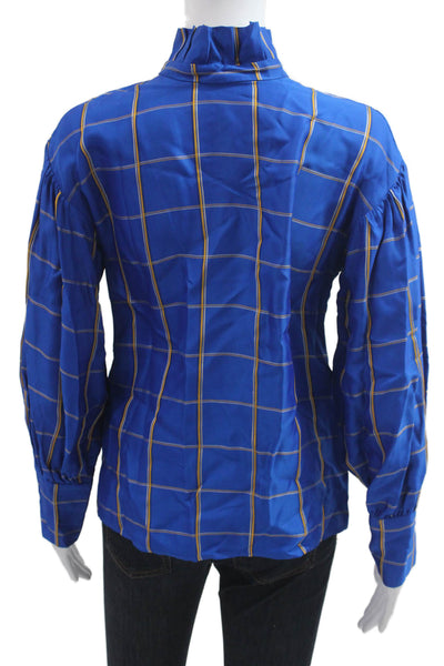 Tela Womens Blue Viscose High Neck Check Long Sleeve Button-Up Blouse Size 2XS