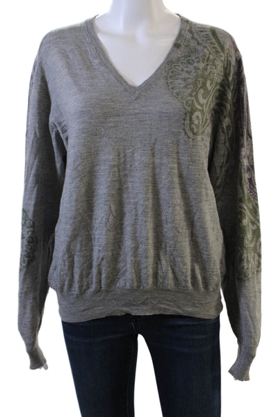 Etro Women Gray V-Neck Wool Silk Cashmere Pullover Long Sleeve Size 2XL