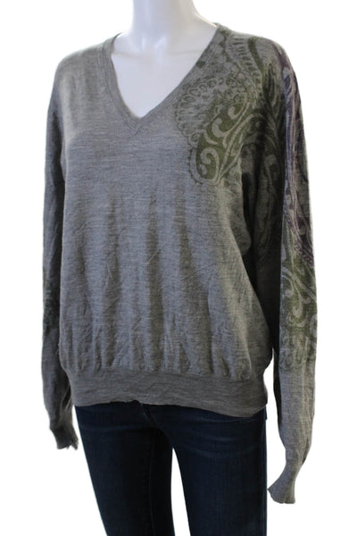 Etro Women Gray V-Neck Wool Silk Cashmere Pullover Long Sleeve Size 2XL