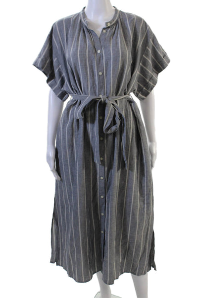 Uniqlo Women Dark Gray Striped Shirt Dress Short Sleeve Midi Boho Size M