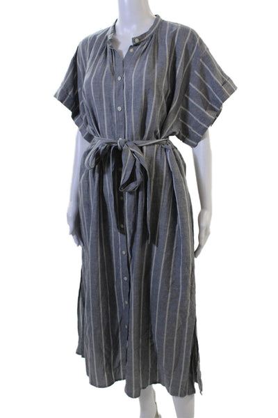 Uniqlo Women Dark Gray Striped Shirt Dress Short Sleeve Midi Boho Size M