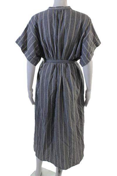 Uniqlo Women Dark Gray Striped Shirt Dress Short Sleeve Midi Boho Size M