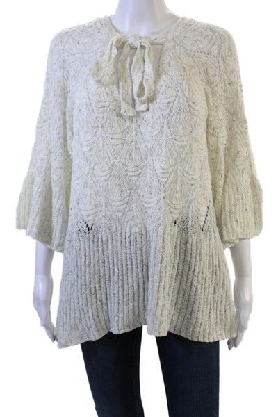 Pol Womens Pullover Sweater White 3/4 Sleeve Tie Neck Boho Polyester Size M