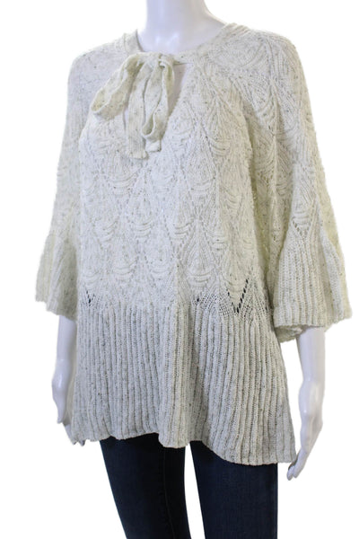 Pol Womens Pullover Sweater White 3/4 Sleeve Tie Neck Boho Polyester Size M