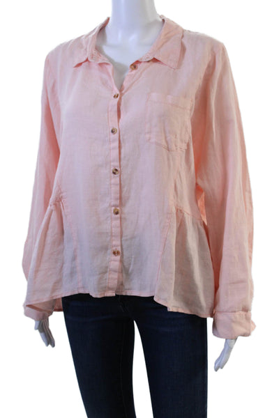 Holding Horses Womens Boho Tunic Button Up Linen Long Sleeve Pink Size L
