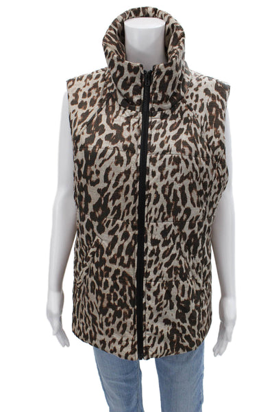 Cabi Women Puffer Quilted Animal Print High Neck Zip Beige Jacket Size L