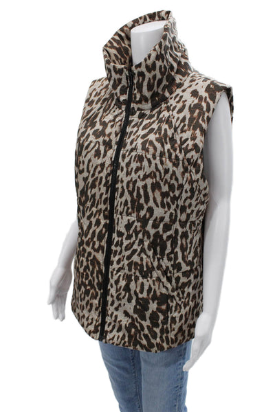 Cabi Women Puffer Quilted Animal Print High Neck Zip Beige Jacket Size L