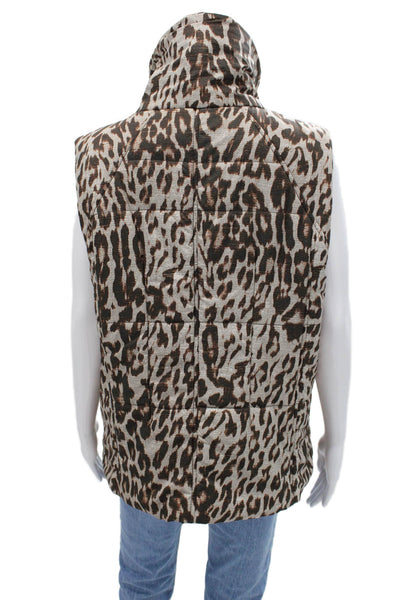 Cabi Women Puffer Quilted Animal Print High Neck Zip Beige Jacket Size L