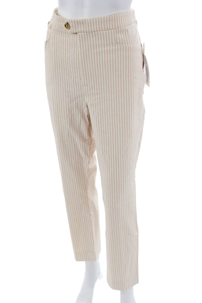 Anthropologie Women Ankle Cropped Dress Pants Beige Striped Button Size 12